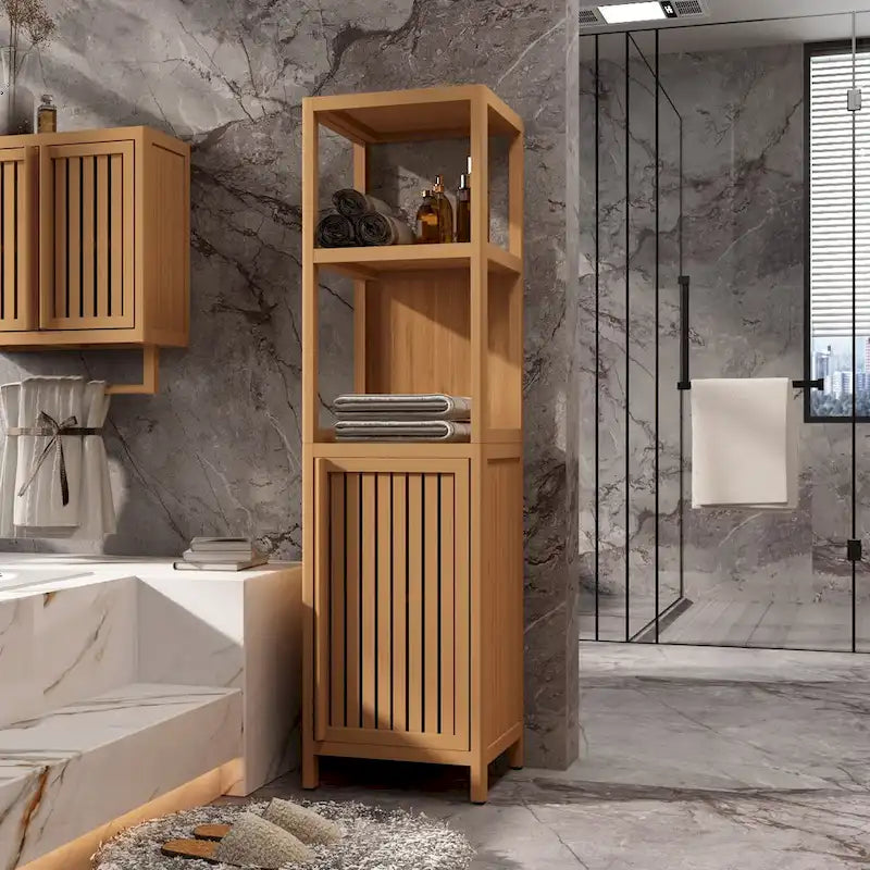 Meuble de rangement haut et étroit avec porte persienne et 3 étagères