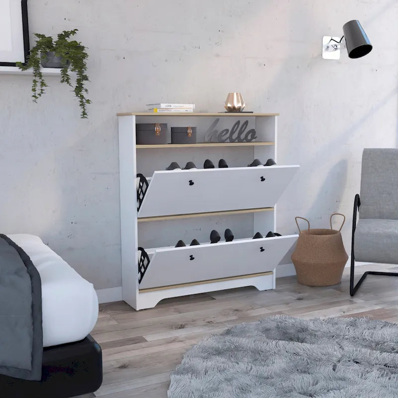 Meuble à chaussures avec étagère ouverte et deux placards extensibles