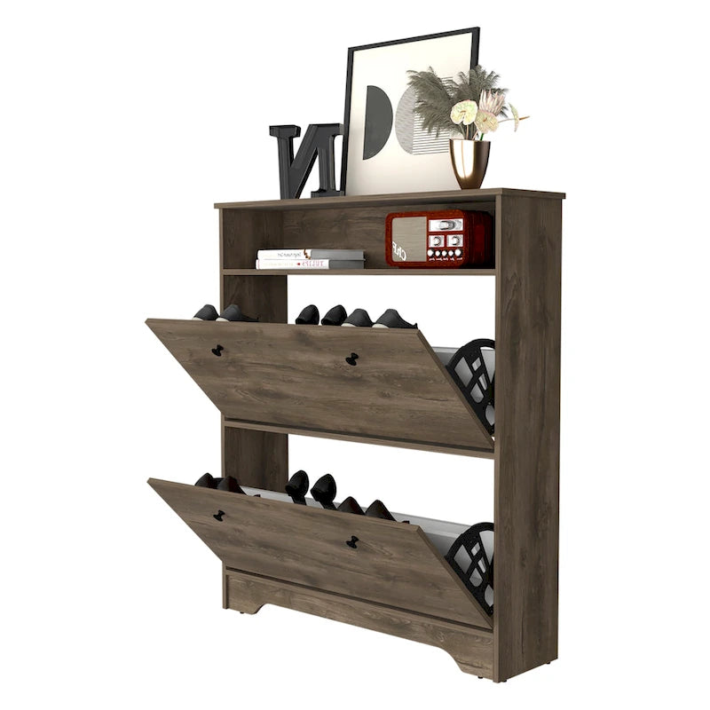 Meuble à chaussures avec étagère ouverte et deux placards extensibles