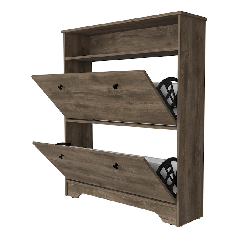 Meuble à chaussures avec étagère ouverte et deux placards extensibles