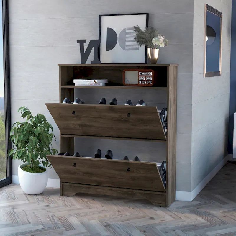 Meuble à chaussures avec étagère ouverte et deux placards extensibles