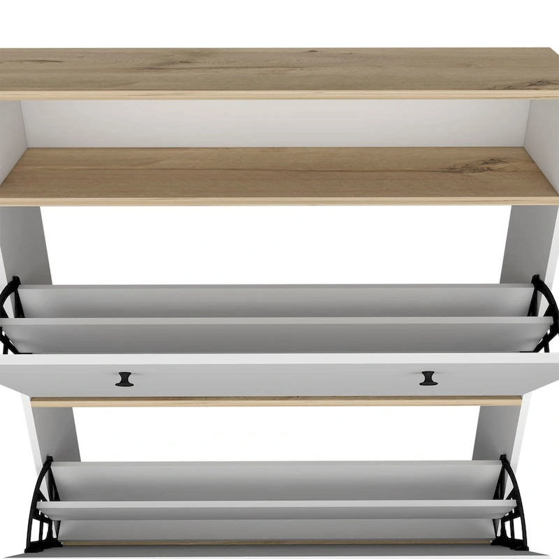 Meuble à chaussures avec étagère ouverte et deux placards extensibles