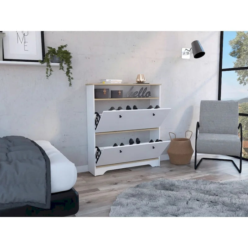 Meuble à chaussures avec étagère ouverte et deux placards extensibles