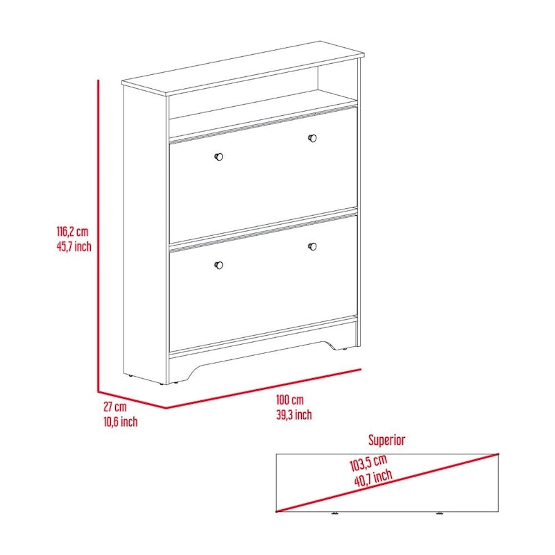 Meuble à chaussures avec étagère ouverte et deux placards extensibles