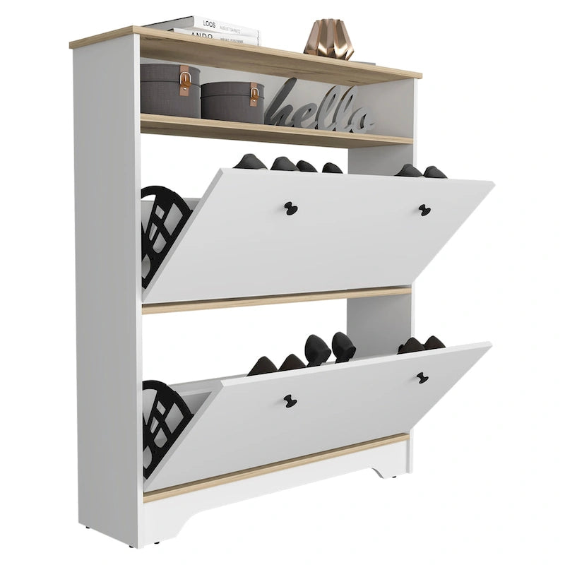 Meuble à chaussures avec étagère ouverte et deux placards extensibles