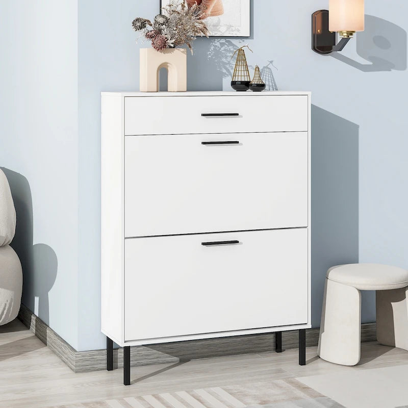 Meuble de rangement pour chaussures autoportant avec 2 tiroirs basculants et pieds en métal