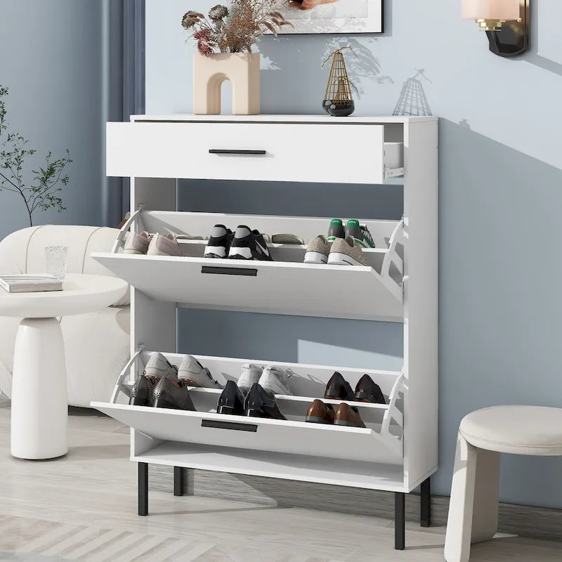 Meuble de rangement pour chaussures autoportant avec 2 tiroirs basculants et pieds en métal