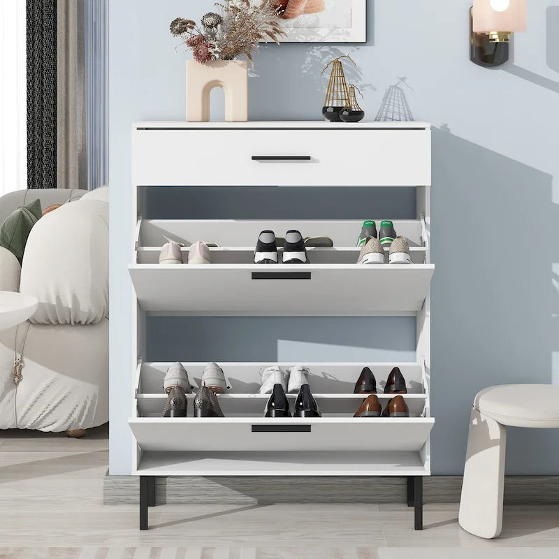 Meuble de rangement pour chaussures autoportant avec 2 tiroirs basculants et pieds en métal