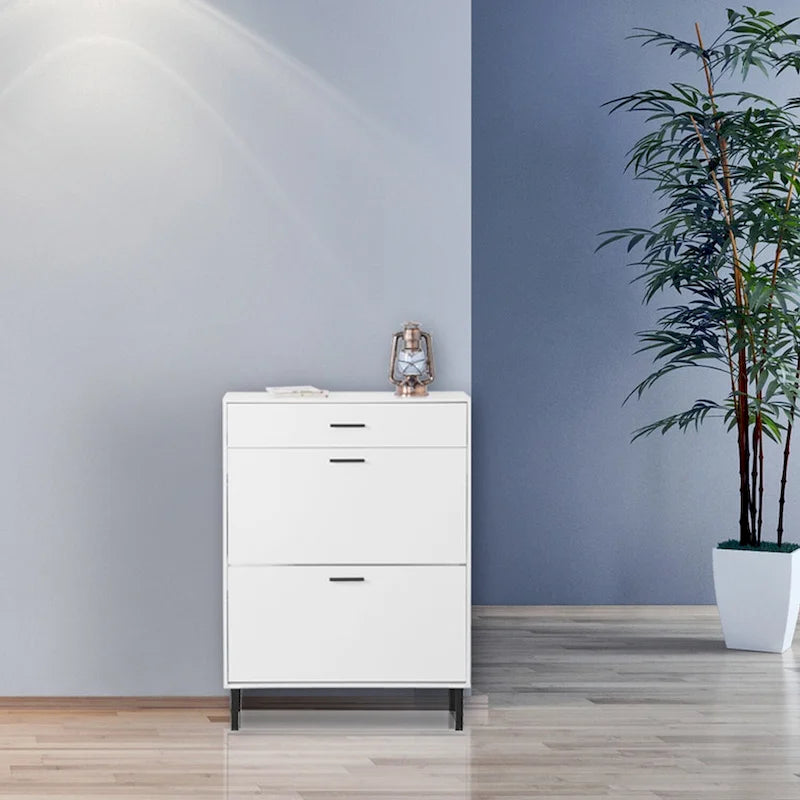 Meuble de rangement pour chaussures autoportant avec 2 tiroirs basculants et pieds en métal