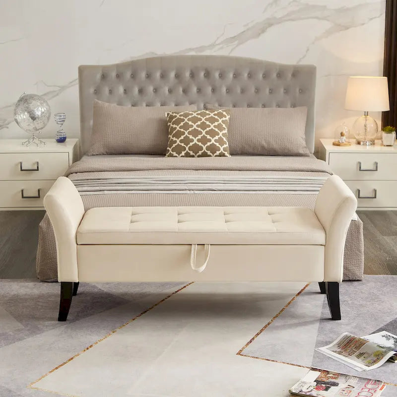 Banc de rangement en velours avec couvercle à charnière