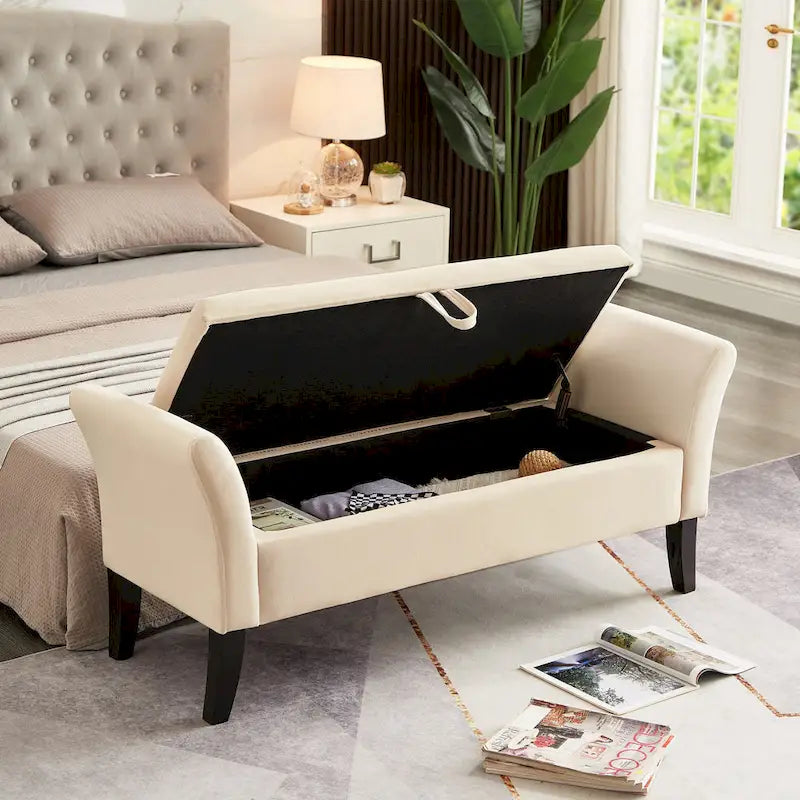 Banc de rangement en velours avec couvercle à charnière