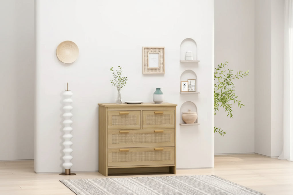Commode à façade en rotin et 4 tiroirs