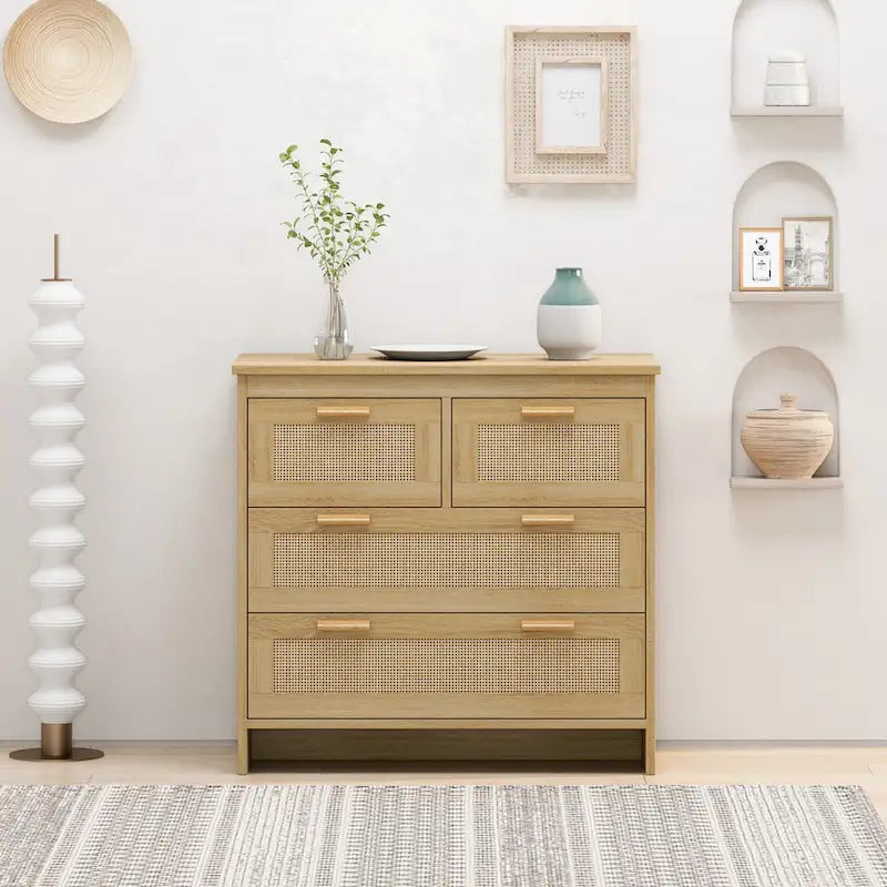 Commode à façade en rotin et 4 tiroirs