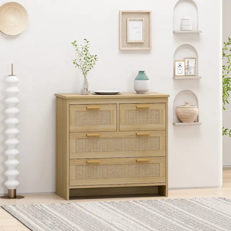 Commode à façade en rotin et 4 tiroirs