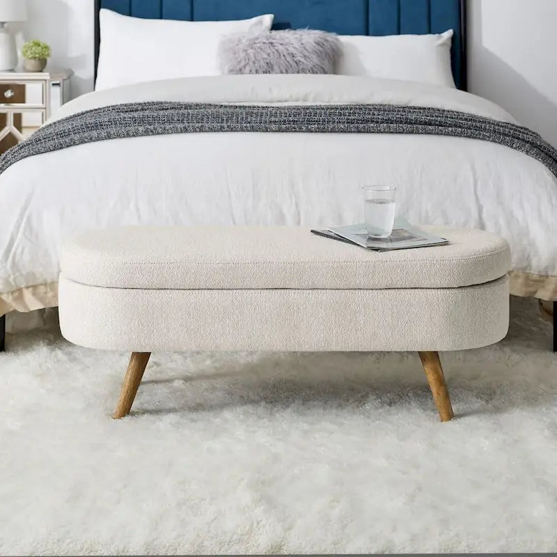 Banc de rangement capitonné ovale 43 pouces - Lin beige