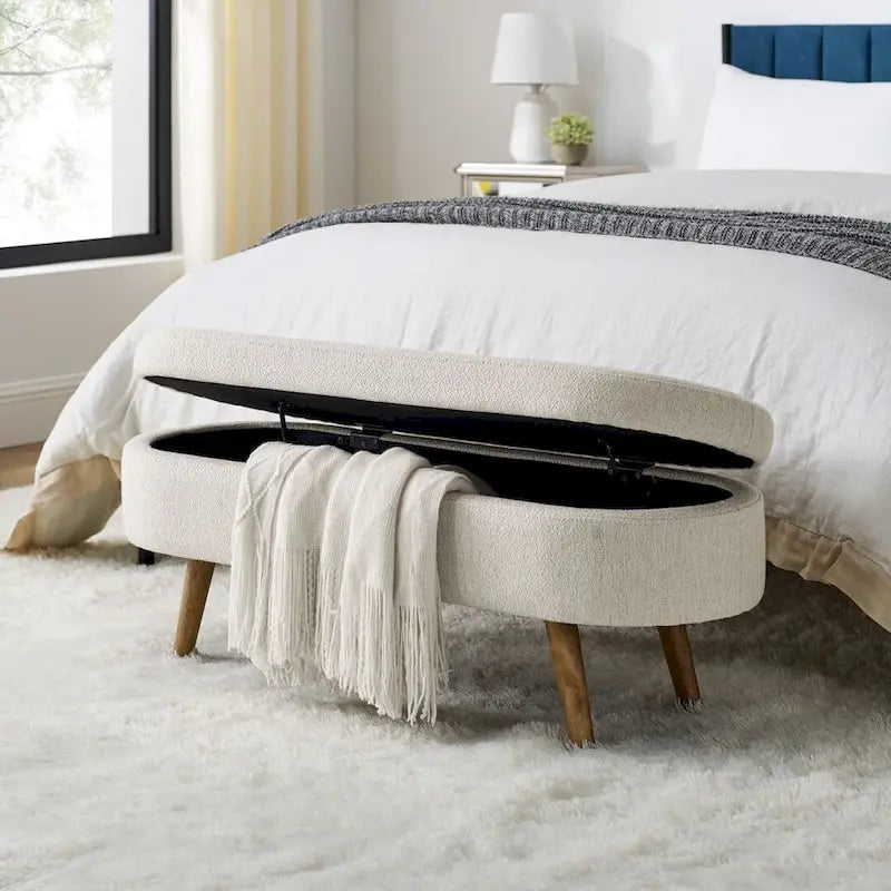 Banc de rangement capitonné ovale 43 pouces - Lin beige