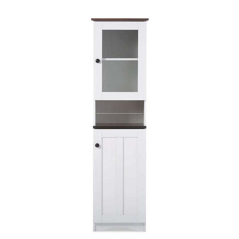 Meuble de Rangement de Cuisine Autoportant avec Portes en Verre et MDF – Blanc et Wengé