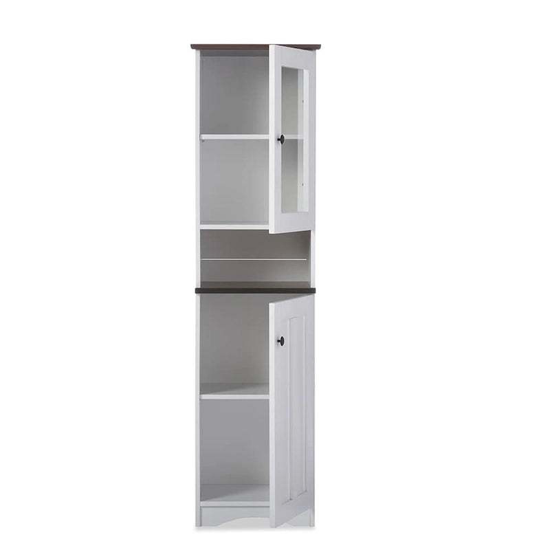 Meuble de Rangement de Cuisine Autoportant avec Portes en Verre et MDF – Blanc et Wengé