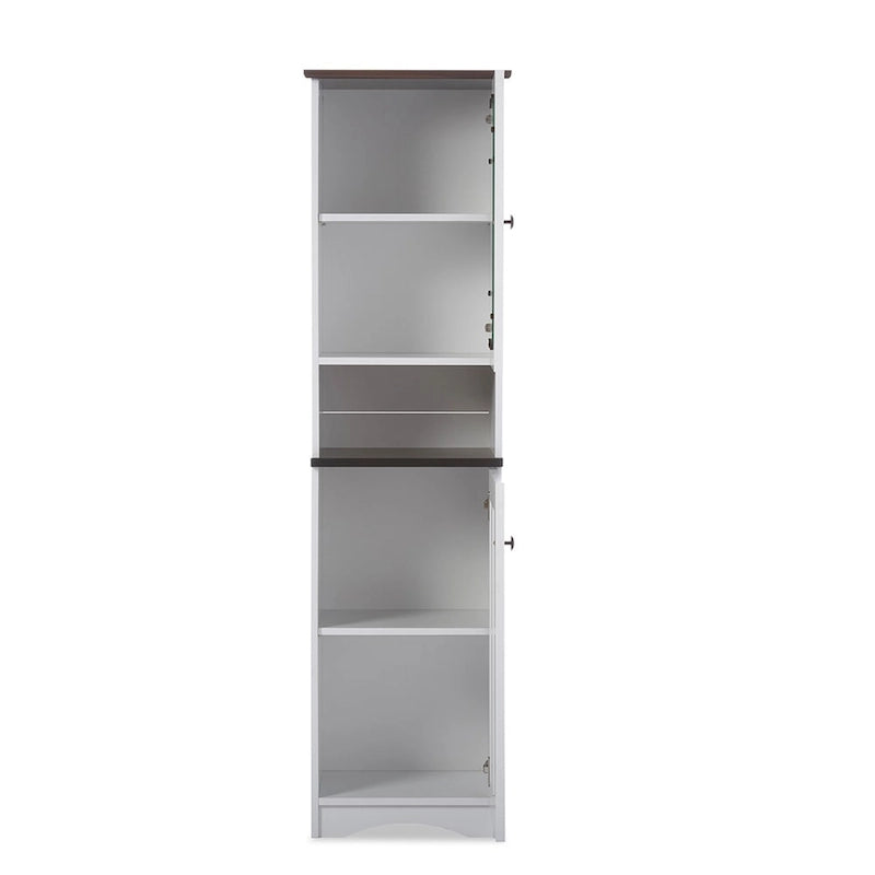 Meuble de Rangement de Cuisine Autoportant avec Portes en Verre et MDF – Blanc et Wengé