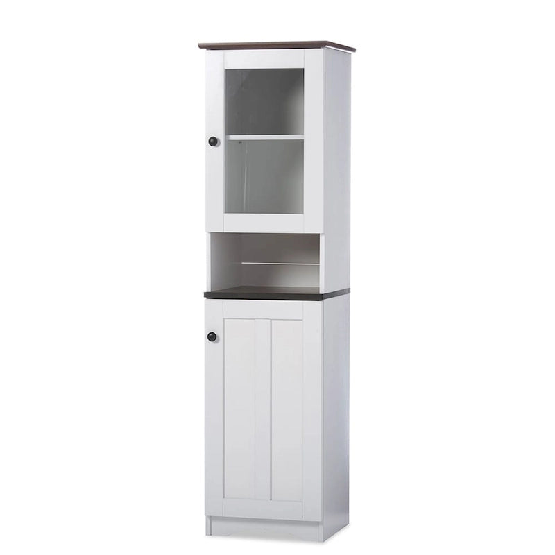 Meuble de Rangement de Cuisine Autoportant avec Portes en Verre et MDF – Blanc et Wengé
