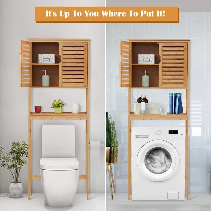 Meuble de rangement de salle de bain en bambou à installer au-dessus des toilettes avec portes et étagères réglables