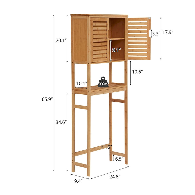 Meuble de rangement de salle de bain en bambou à installer au-dessus des toilettes avec portes et étagères réglables