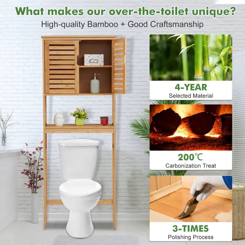 Meuble de rangement de salle de bain en bambou à installer au-dessus des toilettes avec portes et étagères réglables