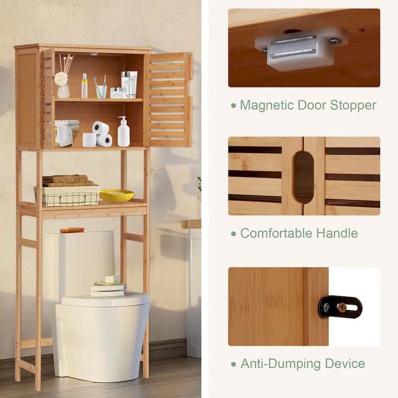 Meuble de rangement de salle de bain en bambou à installer au-dessus des toilettes avec portes et étagères réglables