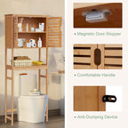 Meuble de rangement de salle de bain en bambou à installer au-dessus des toilettes avec portes et étagères réglables