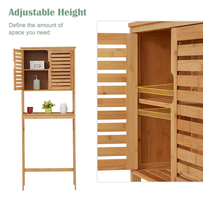 Meuble de rangement de salle de bain en bambou à installer au-dessus des toilettes avec portes et étagères réglables