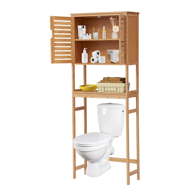 Meuble de rangement de salle de bain en bambou à installer au-dessus des toilettes avec portes et étagères réglables