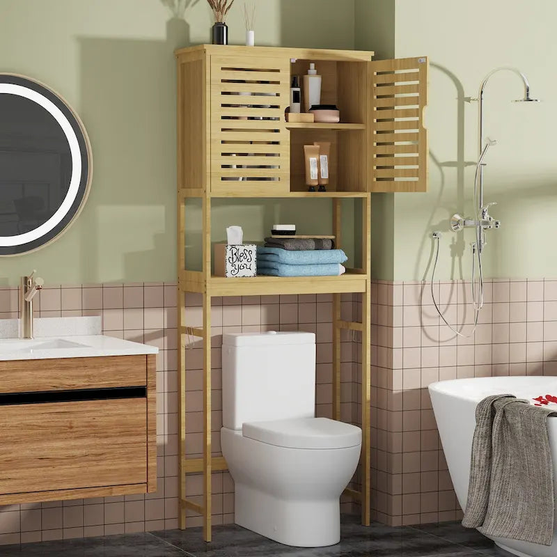 Étagère de rangement au-dessus des toilettes avec étagères et portes d'armoire