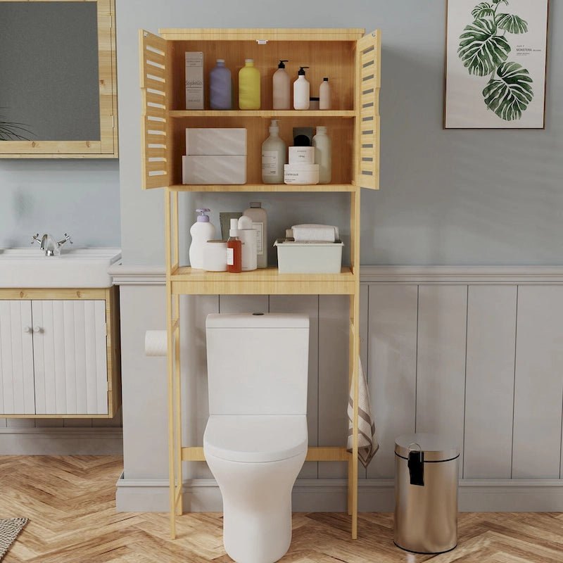 Étagère de rangement au-dessus des toilettes avec étagères et portes d'armoire