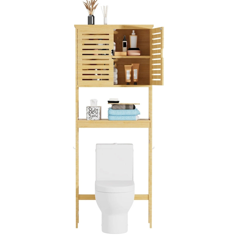 Étagère de rangement au-dessus des toilettes avec étagères et portes d'armoire
