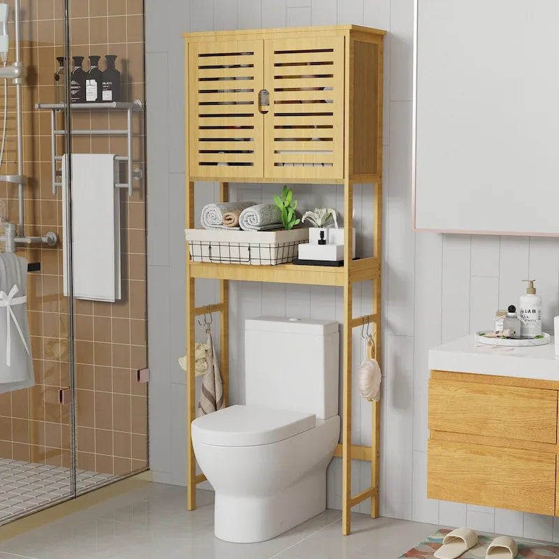 Étagère de rangement au-dessus des toilettes avec étagères et portes d'armoire