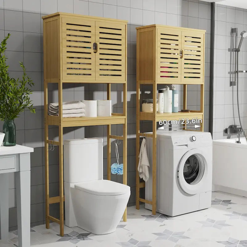 Étagère de rangement au-dessus des toilettes avec étagères et portes d'armoire