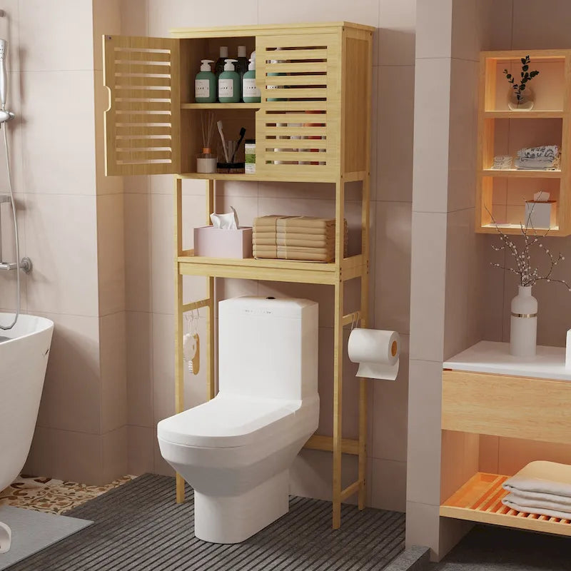 Étagère de rangement au-dessus des toilettes avec étagères et portes d'armoire