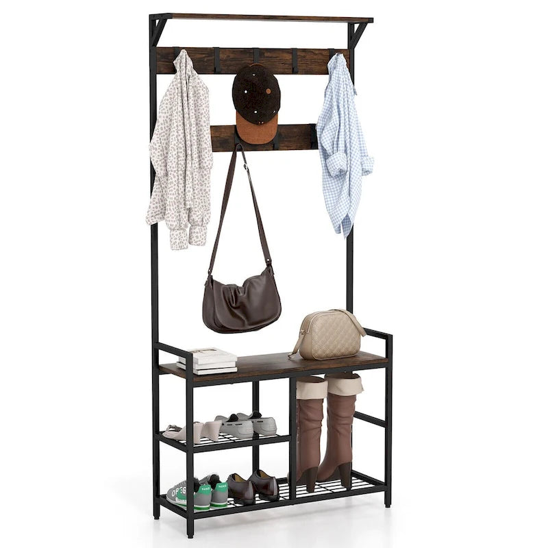 Porte-manteau industriel avec banc et rangement à chaussures