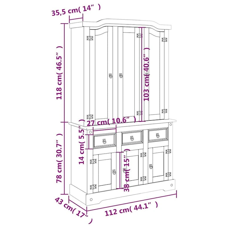 Buffet haut avec portes et tiroirs, 112 x 43 x 196 cm, Blanc