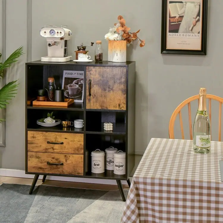 Armoire de rangement industrielle avec tiroirs et étagères, marron rustique