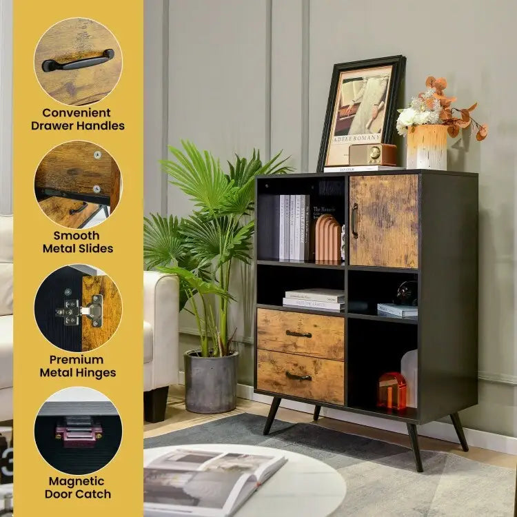 Armoire de rangement industrielle avec tiroirs et étagères, marron rustique