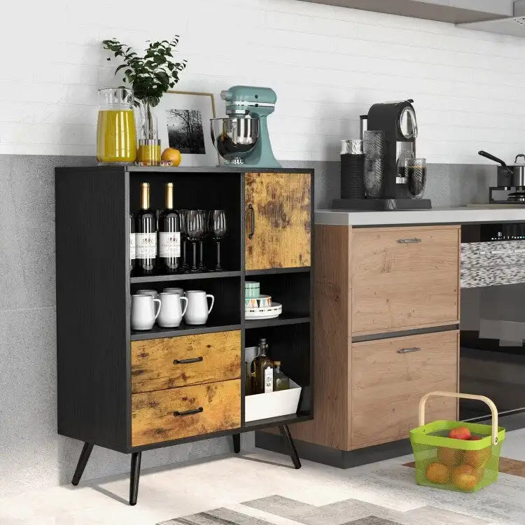 Armoire de rangement industrielle avec tiroirs et étagères, marron rustique