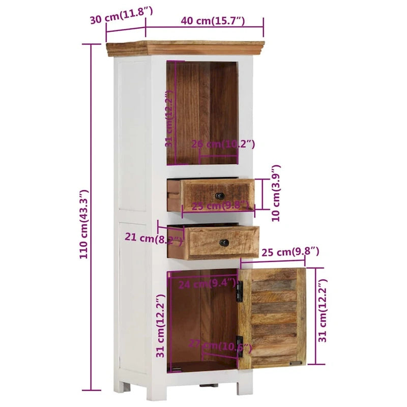 Highboard en bois massif avec rangement – Marron et blanc, 40 x 30 x 110 cm