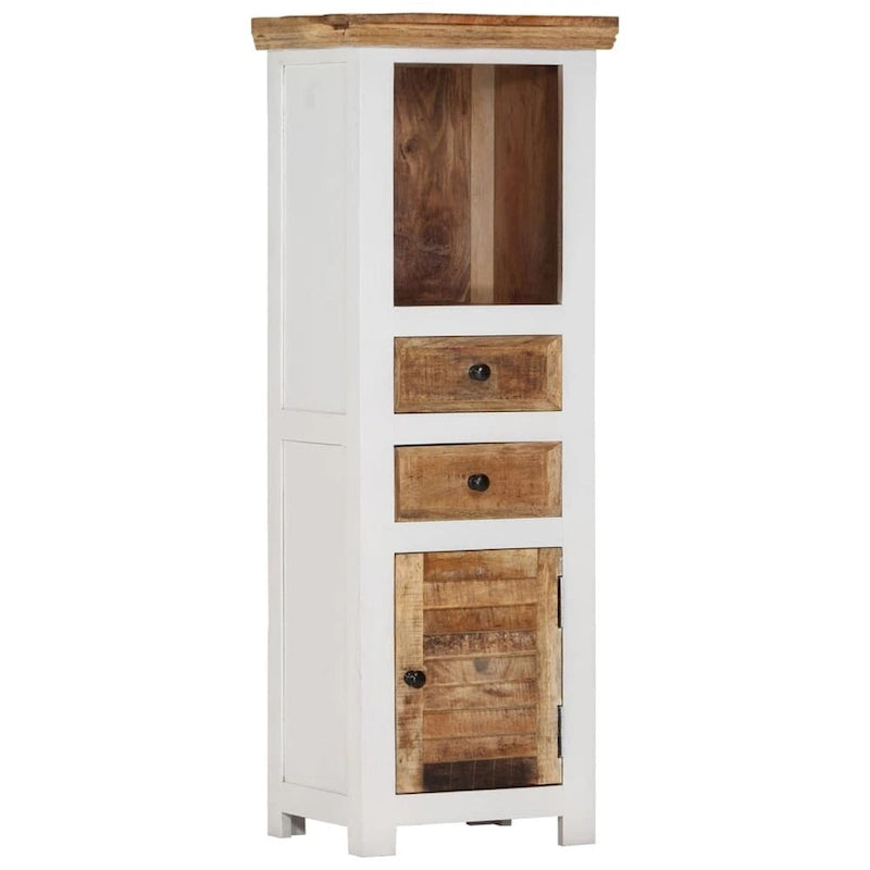 Highboard en bois massif avec rangement – Marron et blanc, 40 x 30 x 110 cm