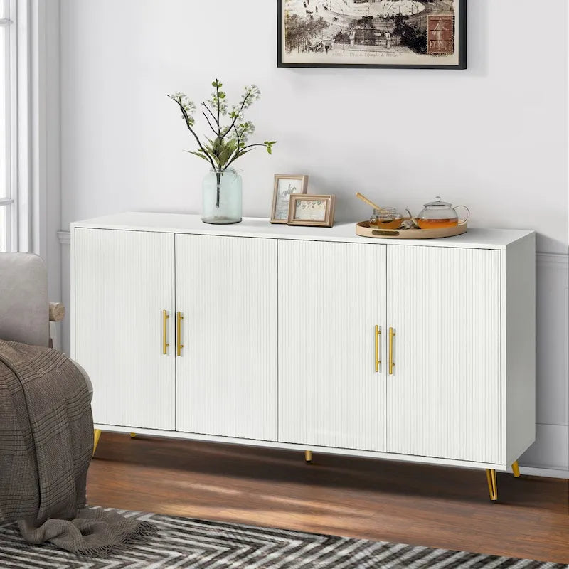 Wood Tv Stand With Storage Cabinet & Adjustable Shelves