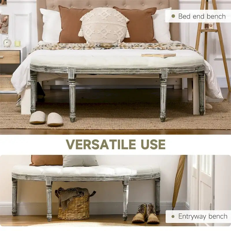 Banc semi-circulaire en velours capitonné avec pieds en bois d'hévéa