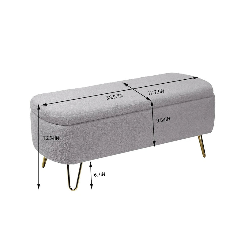Banc de rangement capitonné avec pieds dorés — Fausse fourrure, bout de lit ou entrée
