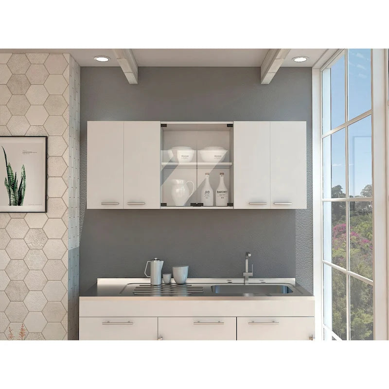 Meuble haut avec portes vitrées, 4 étagères intérieures, double porte