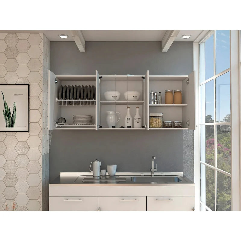 Meuble haut avec portes vitrées, 4 étagères intérieures, double porte