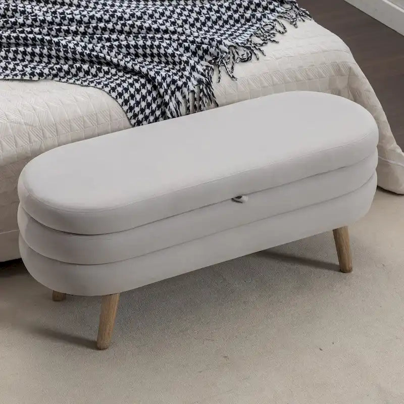 Banc de rangement en velours avec pieds en bois